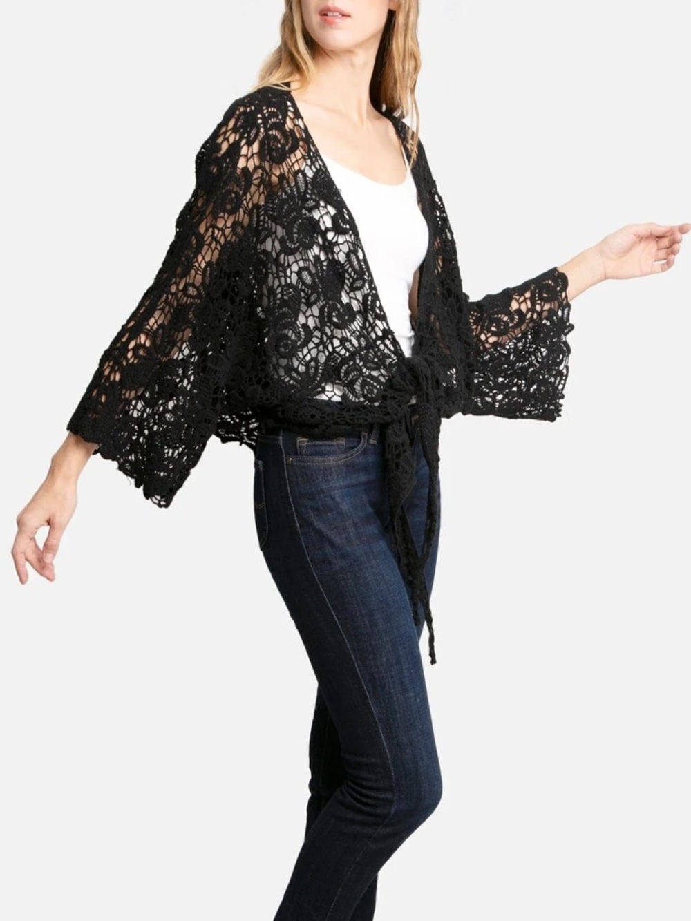 Black Crochet Tie-Front Top by ORIGAMI - Picture 9 of 10